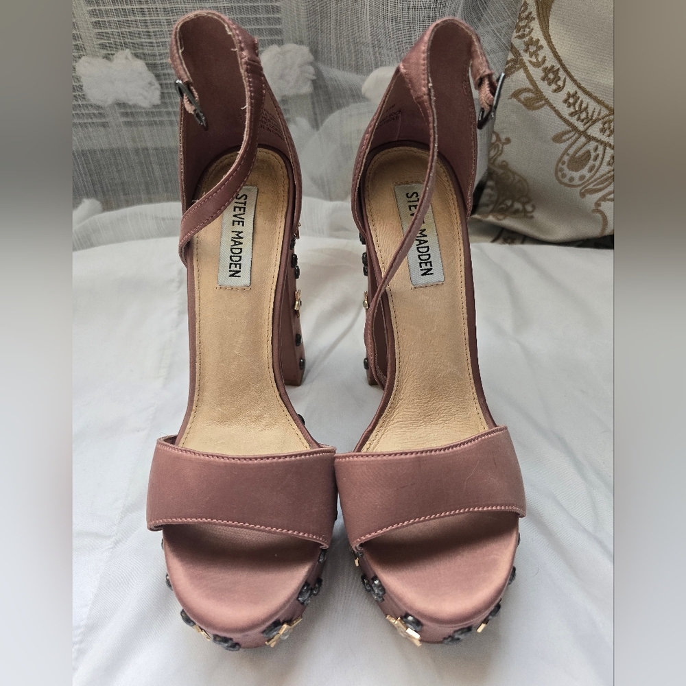 Steve Madden Glory Dusty Rose Satin Studded Platform Heels